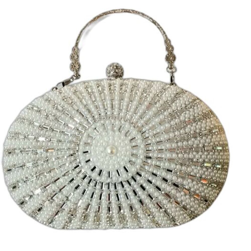 New Silver Beaded Evening Bag Clutch Pearls & Rhinestones